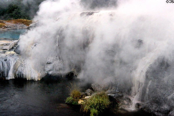 Steam rises from vents in Rotorua. New Zealand.