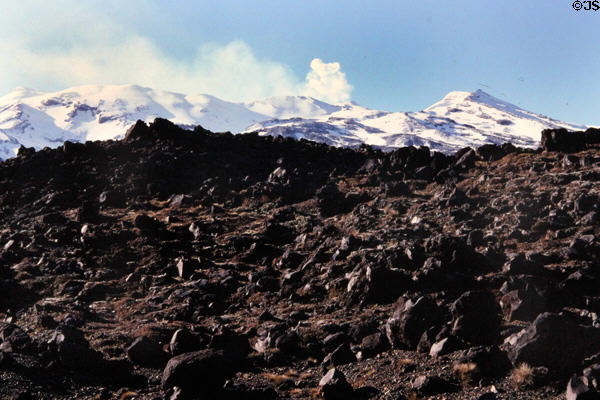 Lava field in front of snow covered volcano Mount Ruapehu. New Zealand.