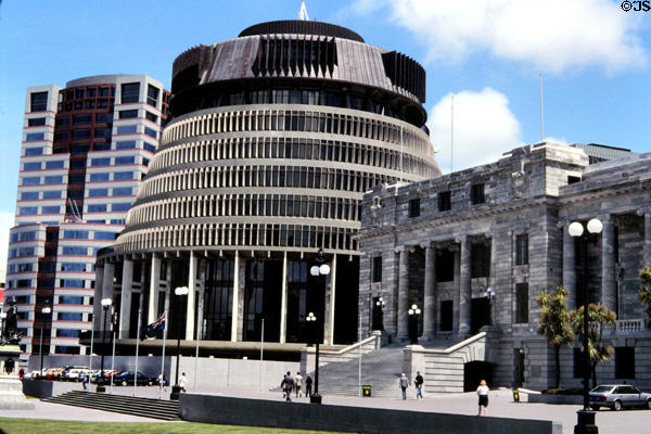 Parliament Beehive & assembly in New Zealand's capital with Bowen House (22 floors) beyond. Wellington, New Zealand.