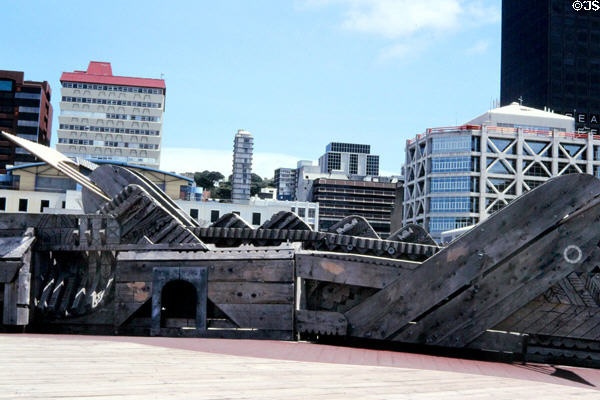 Wellington Civic Square with a wooden whale sculpture. Wellington, New Zealand.