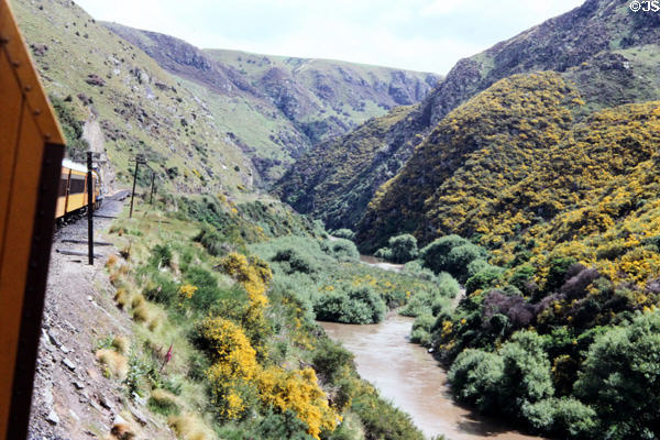 View of gorge from Taieri Gorge Rail Road. New Zealand.