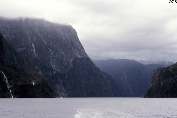 Cliffs surrounding Milford Sound. New Zealand.