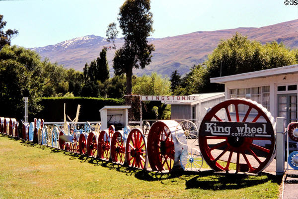 King Wheel Cottage displays a collection of iron wheels in Kingston. New Zealand.
