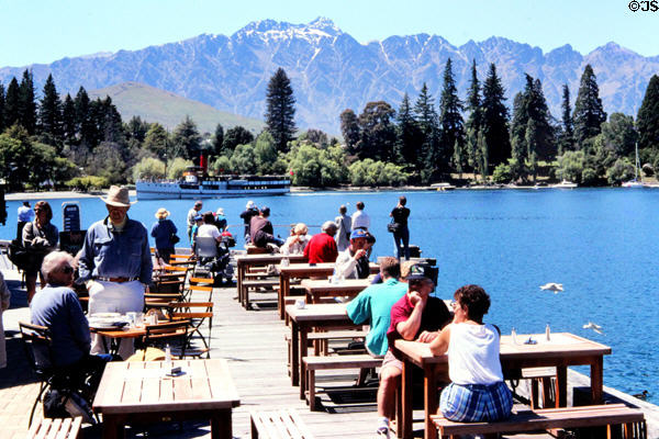 Docks of Queenstown with steamboat beyond. New Zealand.