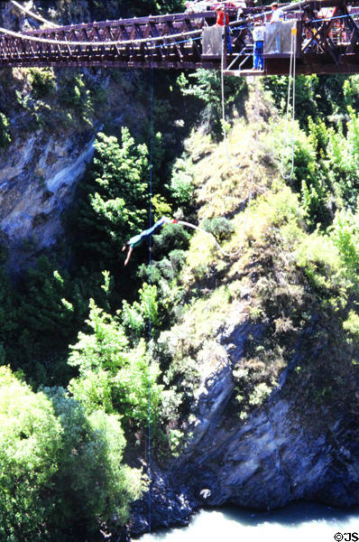 Bungy jumper at Kawarau suspension bridge. New Zealand.