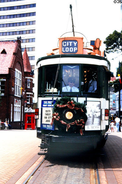 Decorated antique street car in Christchurch (Ch Ch). New Zealand.