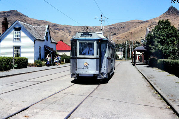 Street car in Ferrymead Heritage Park (1964), a reconstructed village featuring a variety of clubs and associations, in Christchurch (Ch Ch). New Zealand.