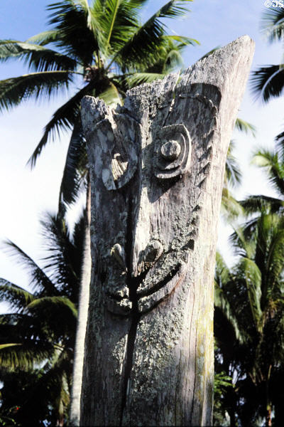Carving of a face in Palembei. Papua New Guinea.