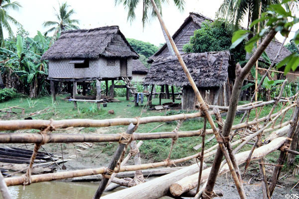 Houses & bridge at Timbunke. Papua New Guinea.