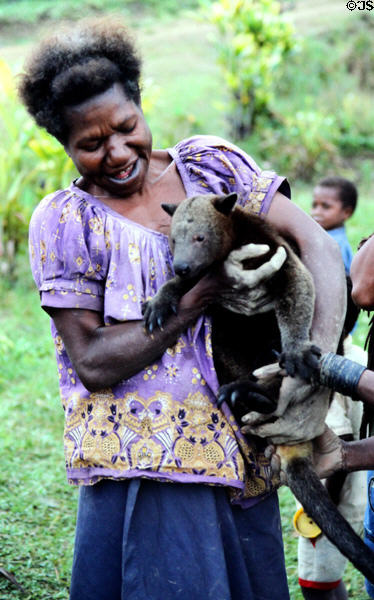 Woman with tree kangaroo, one of four PNG species, on the way to Kundiawa. Papua New Guinea.