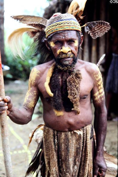 Chimbu warrior wearing war paint and typical dress. Papua New Guinea.