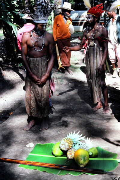 Presentation of fruit & spears to visitors by residents of village performing courtship ritual. Papua New Guinea.