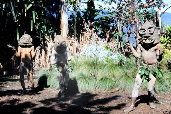 Mudmen display their unique mud masks. Papua New Guinea.
