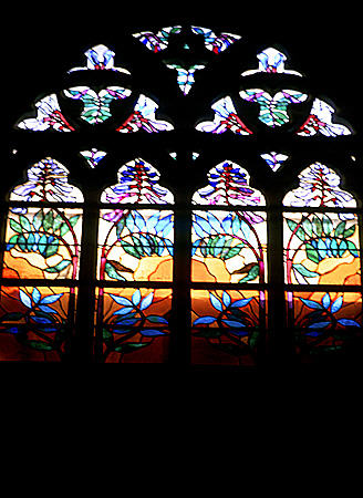 Art Nouveau stained glass (c 1900) in Franciscan Church, Krakow. Poland.
