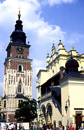City Hall tower, Market Square, & Cloth Hall in Krakow. Poland.