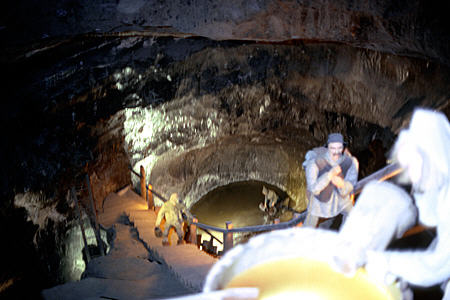 Mannequins show ancient salt mining techniques at Wieliczka Salt Mine. Poland.
