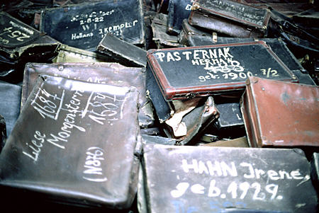 Suitcases seized from inmates in Auschwitz (Osweicim). Poland.