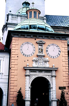 Domes & sundials on side of Basilica Jasna Gora in Czestochowa. Poland.