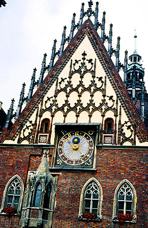Detail of clock on Town Hall in Wroclaw. Poland.