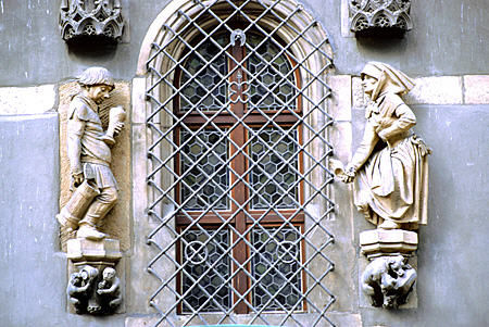 Detail of couple flanking window of Wroclaw Town Hall. Poland.