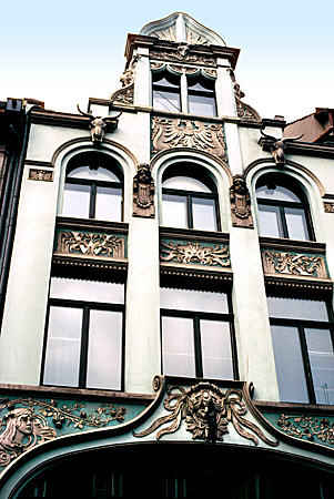 Art Deco building on Rzeznicza Street, west of Market Square, Wroclaw. Poland.