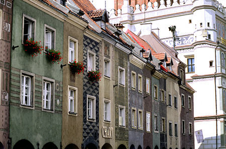 Narrow medieval row houses next to City Hall in Poznan. Poland.