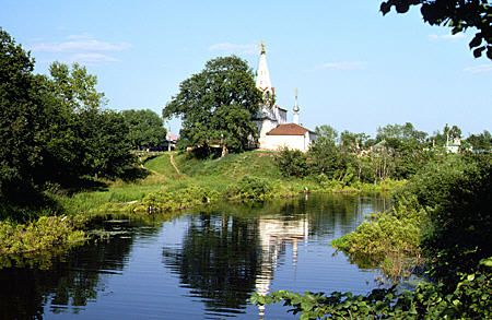 Demyan Church (1725) in Suzdal seen from river. Russia.