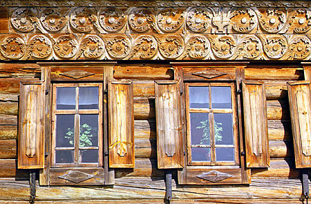Windows on building at Wooden Museum, Suzdal. Russia.