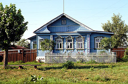 Light blue wooden house in Suzdal. Russia.