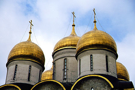 Gold domes of Assumption Cathedral in Kremlin, Moscow. Russia.