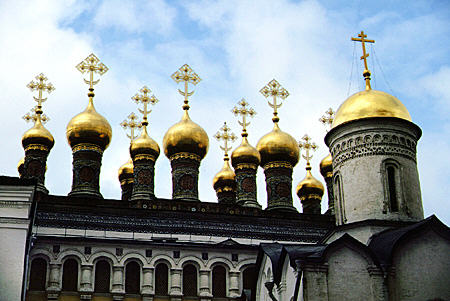 Domes of Rizpolozhensky Church in Kremlin, Moscow. Russia.