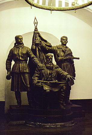 World War II statue in Moscow metro station. Russia.