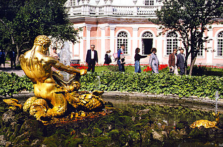 Petrodvorets golden statue in Summer Palace garden near St Petersburg. Russia.