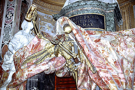 Alexander VII Monument by Bernini (1678) in St. Peter's, Vatican, features Death with hourglass reaching from beneath sculpted drapery. Vatican City.