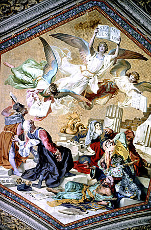 Ceiling painting of theological debate in Vatican Museum. Vatican City.