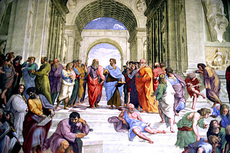 School of Athens fresco by Raphael in Vatican Museum. Vatican City.