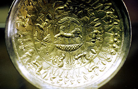 Gilt-silver Phoenician Cypriot dish in Vatican Museum found in Etruscan tomb. Vatican City.