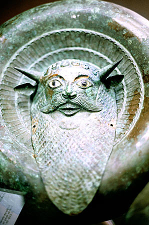 Bronze mask with Greek river god Acheloos (Achelous) from Tarquiala in Vatican Museum. Vatican City.