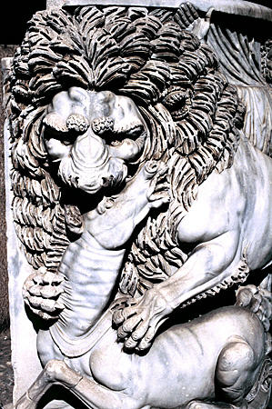 Sculpture of lion attacking horse in Belvedere octagonal court, Vatican Museum. Vatican City.