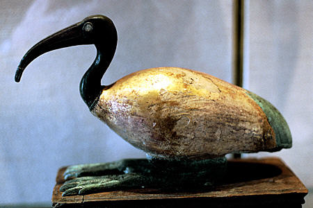 Egyptian wood gilt mummy case for Ibis god Thot (1stC BCE) in Vatican Museum. Vatican City.