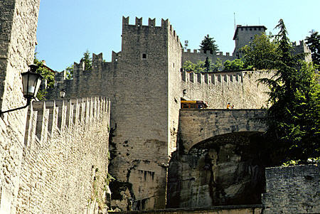 Fortifications on the heights of San Marino which kept the country independent. San Marino.