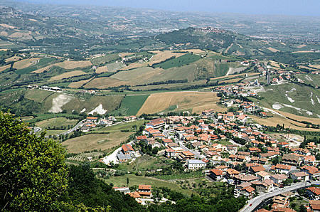 San Marino lower town seen from the fortified heights. San Marino.