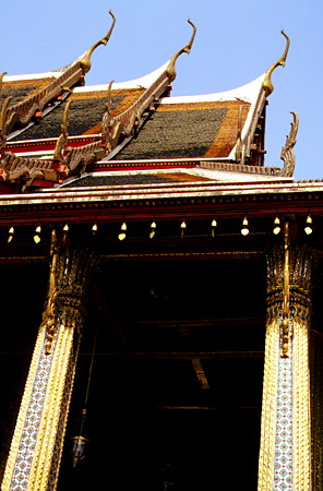 Columns and roof structure of a building at the Grand Palace, Bangkok. Thailand.