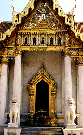 Wat Benchamabophit (Marble Temple) is made from white Carrara marble and is not far from the Equestrian statue in front of the Throne Palace, Bangkok. Thailand.