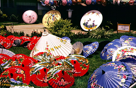 Hand-painted paper umbrellas at the umbrella factory in Chiang Mai. Thailand.