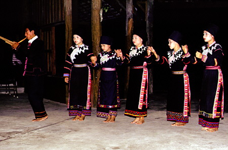 Meo dancers giving a traditional performance, Chiang Mai. Thailand.