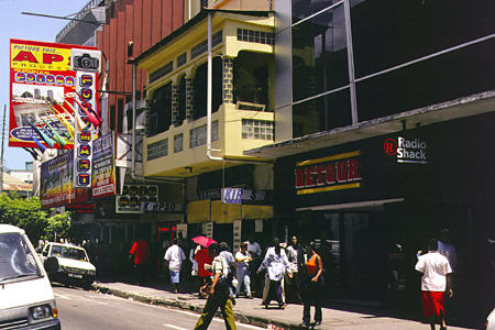 Shops along Frederick Street, Port of Spain. Trinidad and Tobago.