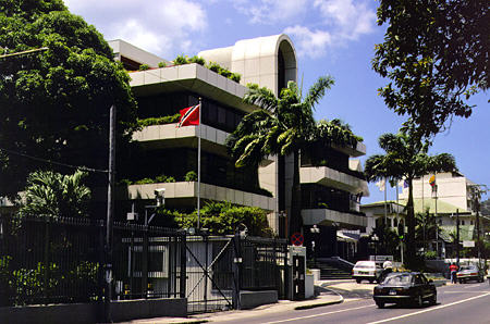 Modern building on southwest corner of Queen's Park Savannah in Port of Spain. Trinidad and Tobago.
