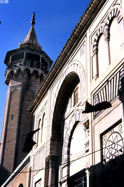 Exterior walls of Zaoula Mausoleum & Minaret of Hammouda Pacha Mosque. Tunis, Tunisia.