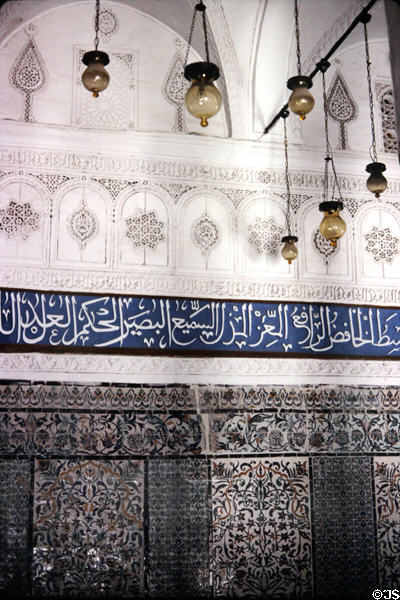 Mosque lamps & tile decorations at Medressa El Mouradia (c1673) in Medina. Tunis, Tunisia.